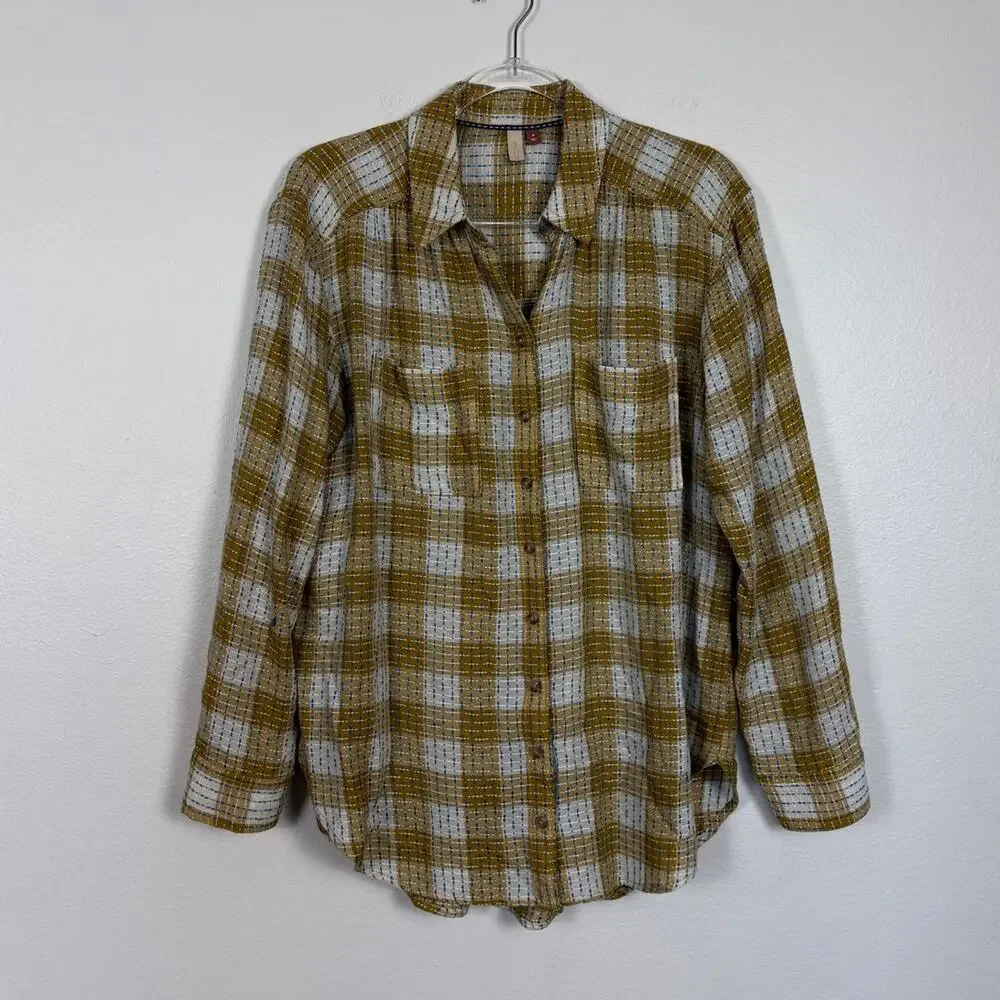Anthropologie Pilcro Checkered Flannel Embroidered Button Down Blouse Medium